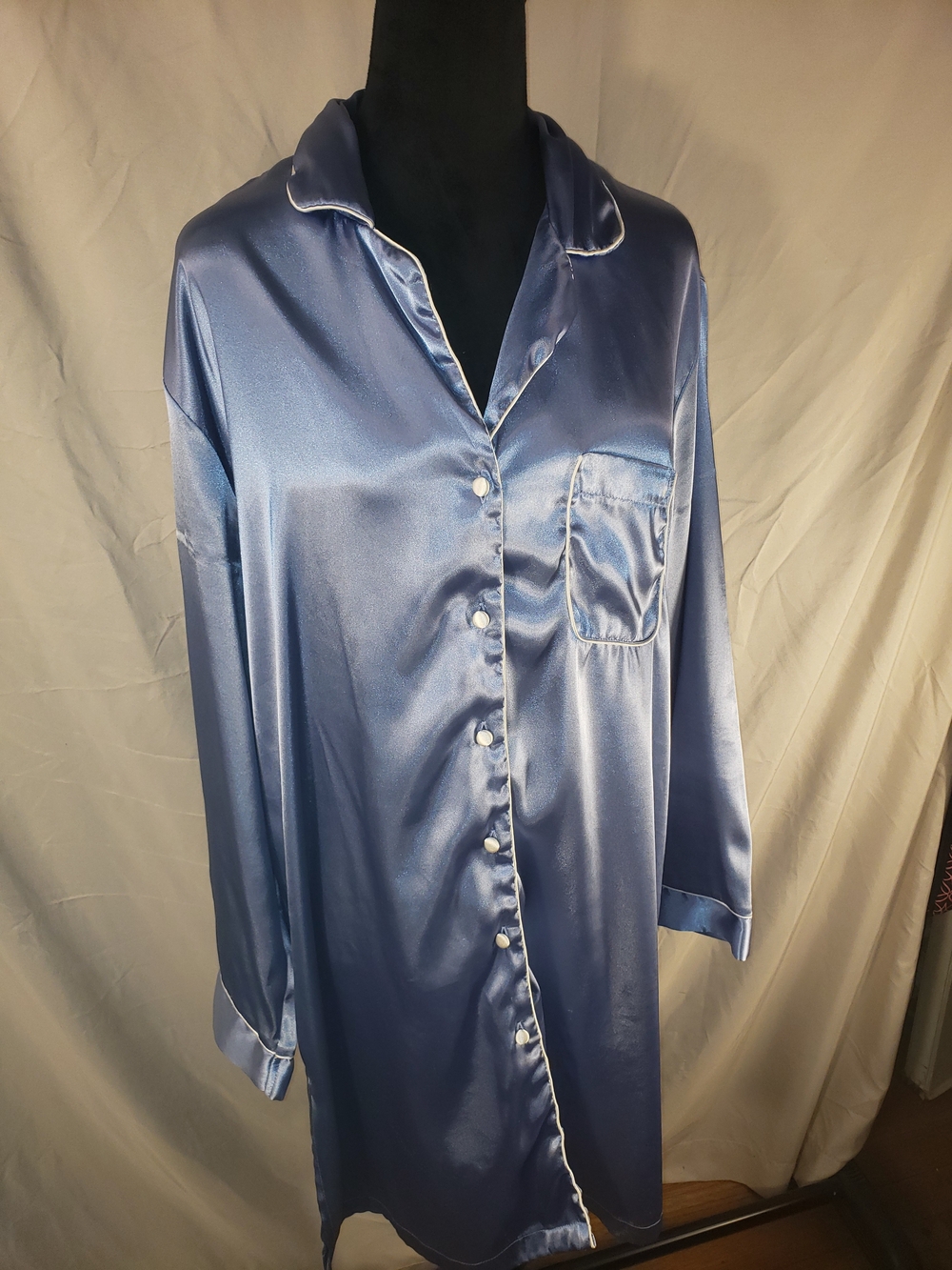 Jones New York Satin Button-Front Nightshirt in Blue with White Piping